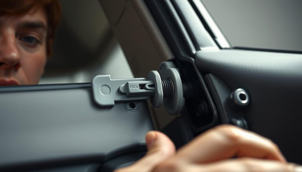 Detailed close-up of a car door latch mechanism, illuminated by soft, directional lighting. The latch components are prominently featured in the foreground, including the catch, release lever, and spring. The middle ground showcases the door frame and surrounding hardware, while the background subtly fades into a neutral, non-distracting environment. The scene conveys a sense of focus and technical examination, suitable for a step-by-step troubleshooting guide. The human figure, if included, should have their eyes obscured or hidden to maintain the emphasis on the mechanical details.