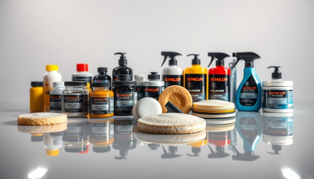High-quality image of car paint polishing compounds on a clean, reflective surface. The compounds are displayed in a well-lit, professional studio setting with soft, diffused lighting from overhead. The foreground features various jars, bottles, and applicators of polishing products in different colors and textures, arranged neatly. The middle ground showcases a glossy, freshly polished car surface reflecting the compounds, creating a sense of depth and the desired shine. The background is a clean, neutral backdrop, allowing the products and their effects to be the focal point. The overall composition and lighting convey a sense of expertise, attention to detail, and the transformative power of these polishing tools.