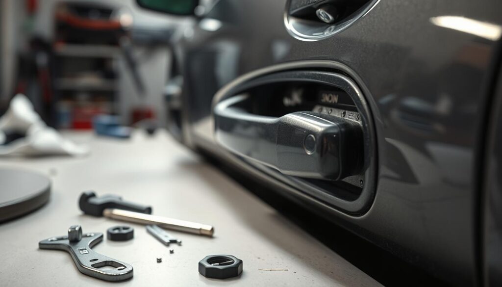 a close-up view of a car door handle being repaired, shot from a low angle with dramatic lighting and shadows to convey the technical nature of the repair process. The handle is partially disassembled, revealing the inner mechanism, with tools and spare parts visible on a clean, well-organized workbench in the foreground. The background is slightly blurred, hinting at a professional automotive repair shop setting. The overall mood is one of precision, focus, and attention to detail, reflecting the importance of proper door handle maintenance and service. a close-up view of a car door handle being repaired, shot from a low angle with dramatic lighting and shadows to convey the technical nature of the repair process. The handle is partially disassembled, revealing the inner mechanism, with tools and spare parts visible on a clean, well-organized workbench in the foreground. The background is slightly blurred, hinting at a professional automotive repair shop setting. The overall mood is one of precision, focus, and attention to detail, reflecting the importance of proper door handle maintenance and service.
