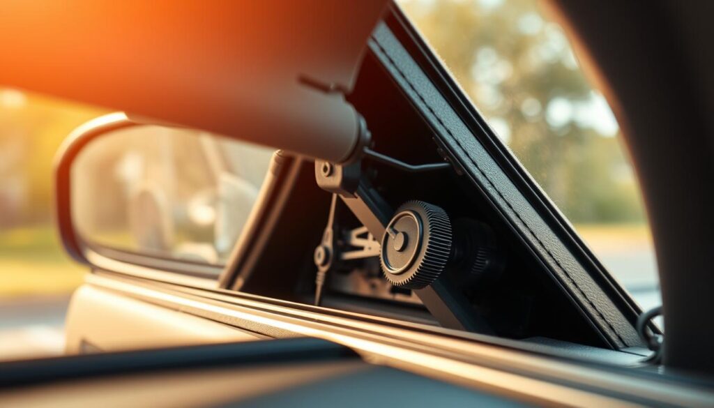a close-up view of a car window mechanism, with the window partially rolled down, showcasing the inner workings and components. The scene is illuminated by soft, natural lighting, creating a warm and inviting atmosphere. The focus is on the window track, pulley system, and other essential parts needed for proper window alignment and functionality. The image should convey a sense of technical detail and educational purpose, suitable for a tutorial on window repair.