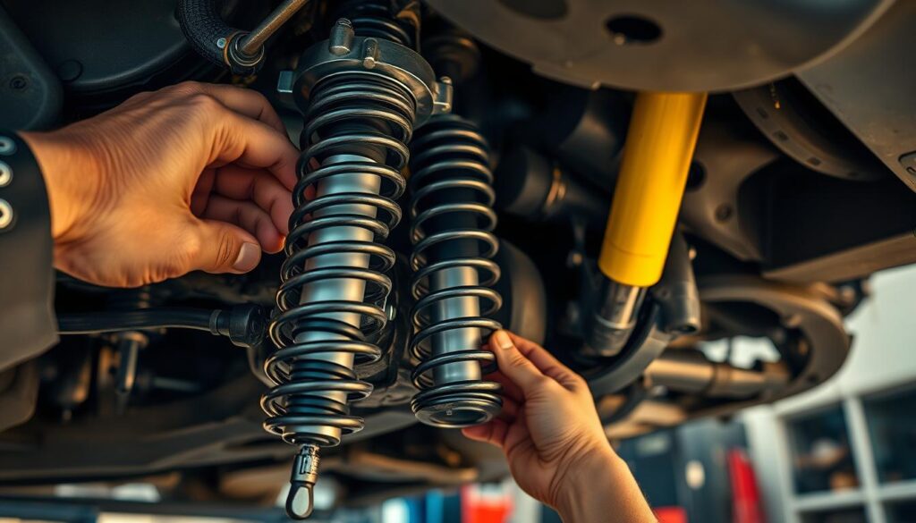 a detailed close-up shot of a car's suspension system, focused on the shock absorbers and coil springs, with a mechanic's hands inspecting and making adjustments to address vibration issues. the scene is well-lit, with warm directional lighting highlighting the intricate mechanical components. the background is blurred, placing the emphasis on the repair work. the composition is balanced, with the car's underbody taking up the majority of the frame. the overall mood is one of careful, meticulous diagnosis and repair.