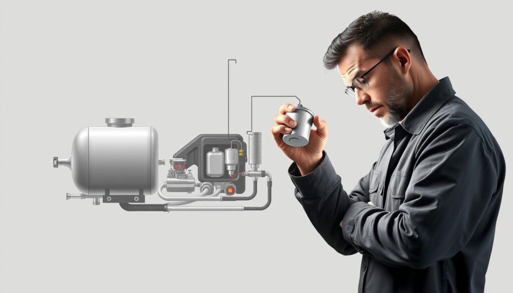 a detailed diagram of a car's fuel system, including the fuel tank, fuel pump, fuel lines, and fuel filter, with a mechanical engineer examining the fuel filter under a bright, focused light, a sense of careful inspection and concern for the vehicle's well-being, the fuel system components rendered in realistic detail against a neutral background, the scene conveying the need for professional expertise when servicing a complex automotive system