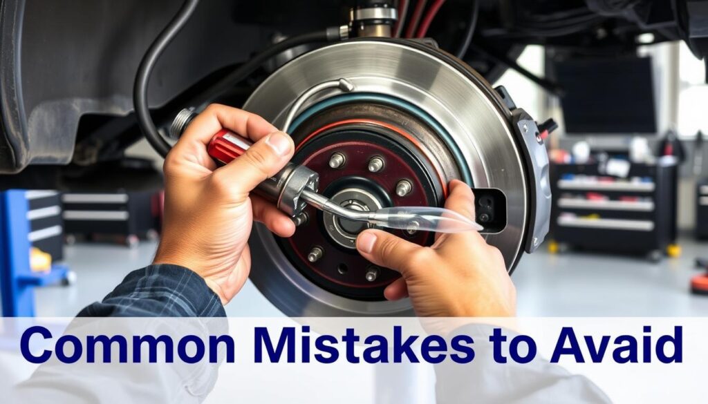 a detailed, photorealistic image of the brake bleeding process, showing a mechanic's hands performing the procedure. The foreground depicts the mechanic's hands holding a brake bleed wrench and a clear tube connected to the brake caliper. The middle ground shows the brake system components, including the brake pedal, master cylinder, and brake lines. The background features a well-lit, clean automotive workshop setting with tools and equipment visible. The image conveys a sense of precision, focus, and attention to detail, reflecting the "Common Mistakes to Avoid" section of the article.