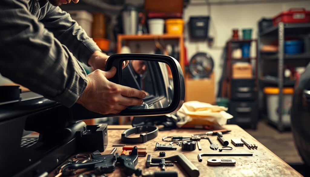 a detailed step-by-step tutorial on how to replace a side mirror on a vehicle. The scene shows a person's hands carefully installing a new side mirror housing on the side of a car, with a variety of tools and parts laid out neatly on a workbench in the foreground. The background features a well-lit garage or workshop setting, with shelves and storage containers visible. The lighting is warm and natural, creating a sense of focus and attention to detail. The camera angle is slightly elevated, providing a clear view of the mirror installation process. The person's face is not visible, but their hands are shown with precision, demonstrating the delicate nature of the task. a detailed step-by-step tutorial on how to replace a side mirror on a vehicle. The scene shows a person's hands carefully installing a new side mirror housing on the side of a car, with a variety of tools and parts laid out neatly on a workbench in the foreground. The background features a well-lit garage or workshop setting, with shelves and storage containers visible. The lighting is warm and natural, creating a sense of focus and attention to detail. The camera angle is slightly elevated, providing a clear view of the mirror installation process. The person's face is not visible, but their hands are shown with precision, demonstrating the delicate nature of the task.