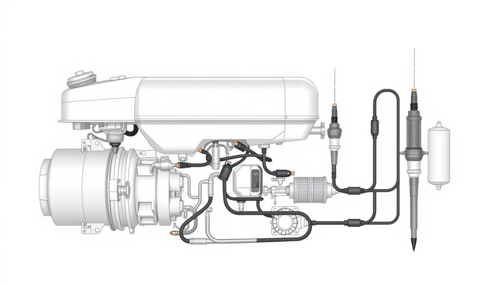 a detailed, technical diagram of vehicle fuel system components, including the fuel tank, fuel pump, fuel lines, fuel filter, and fuel injectors, all precisely rendered in a clean, technical illustration style with a neutral color palette, soft directional lighting, and a slightly angled camera perspective to provide clear visibility of the various parts and their relationships, set against a plain, light-colored background to emphasize the subject matter