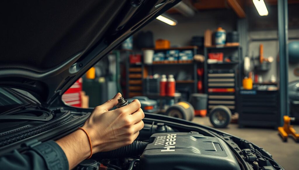 a detailed workshop scene with a car's engine bay in the foreground, showing a mechanic's hands replacing a car thermostat, with various automotive tools and equipment visible in the middle ground, and a dimly lit, industrial-style background with shelving, tool boxes, and other car parts in the distance, creating a sense of a professional, well-equipped auto repair shop, with soft, warm lighting highlighting the focus on the task at hand and creating a mood of expertise and attention to detail