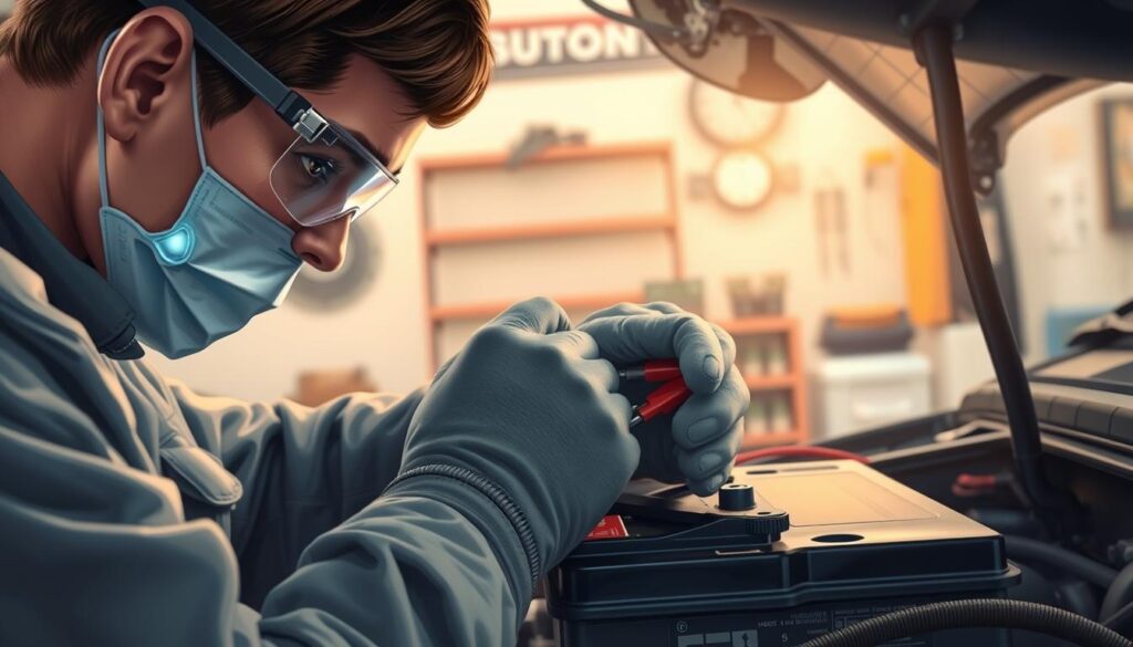 a highly detailed digital illustration of a person carefully disconnecting the negative battery terminal on a car, focused on the hands and the battery, with a calm, well-lit, and safe atmosphere. The person is wearing protective gloves and safety goggles, with the eyes obscured to avoid direct eye contact. The background features a clean, organized workspace with tools and supplies for battery maintenance nearby. The lighting is soft and natural, emphasizing the importance of safety and precision during this task. The composition highlights the step-by-step process of disconnecting the battery terminal, conveying a sense of caution and attention to detail.