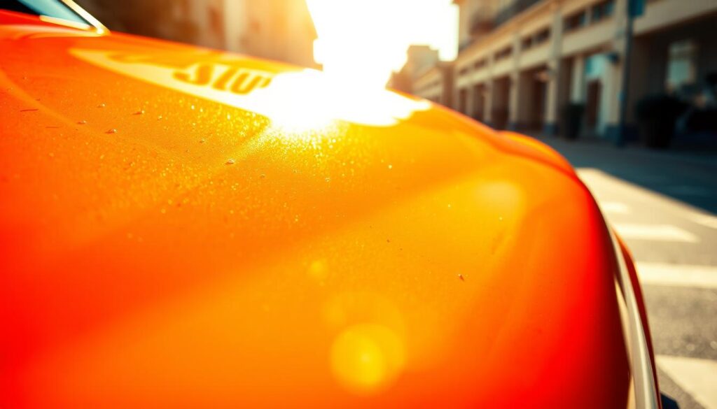 a highly detailed, hyperrealistic image of the exterior of a well-maintained car in a bright, sunlit setting, showcasing the benefits of car paint restoration. The car's paint appears vibrant, glossy, and free of any significant blemishes or fading. The foreground should feature the vehicle's body panels, capturing the reflective nature of the restored paint. The middle ground could include a clean, freshly washed car surface, highlighting the depth and clarity of the paint. The background should depict a clean, urban environment, such as a city street or a garage, to provide a contextual setting for the car. The lighting should be natural and directional, creating dramatic shadows and highlights that accentuate the car's contours and the quality of the paint restoration. The overall tone should convey a sense of pride, accomplishment, and the value of maintaining a vehicle's appearance.