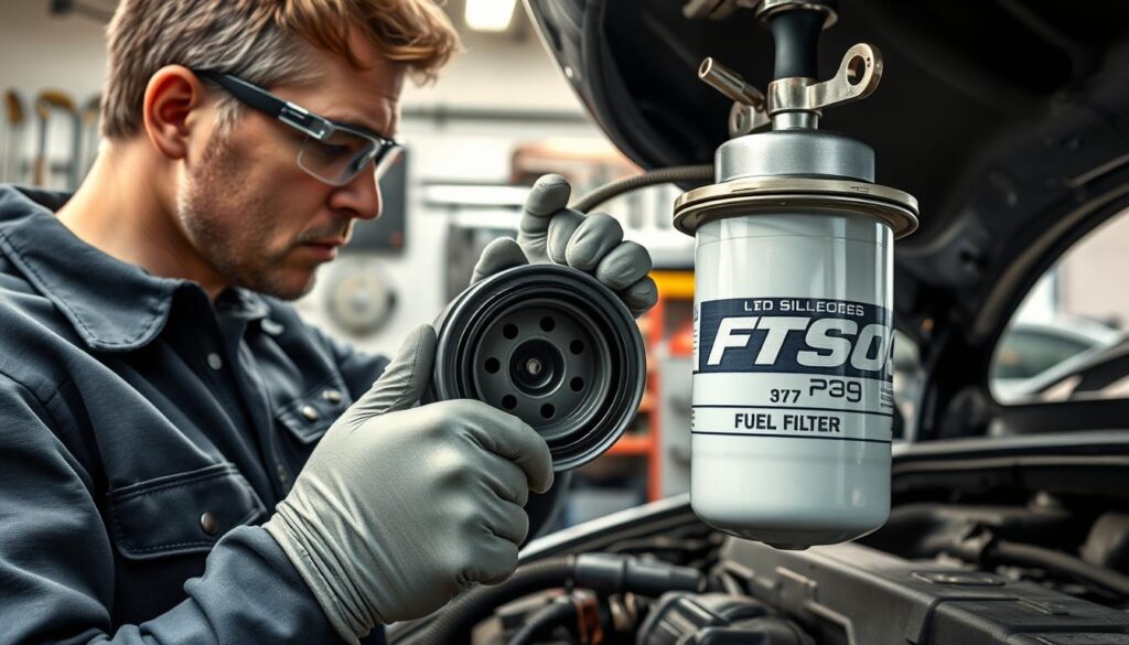 a highly detailed, photorealistic digital illustration of a mechanic performing a DIY fuel filter replacement on a car, set against a clean, well-lit workshop environment. The mechanic is wearing protective gloves and safety goggles, carefully disconnecting the fuel lines and accessing the fuel filter. The fuel filter itself is prominently displayed, showcasing its intricate design. The background features various automotive tools and equipment, creating a professional, technical atmosphere. The lighting is natural and even, highlighting the precision and care required for this task. The overall scene conveys the importance of proper fuel filter maintenance to avoid common issues that can arise from a faulty or neglected filter.