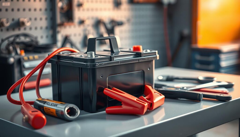 a highly detailed, photorealistic image of a car battery with jumper cables, a wrench, and other maintenance tools arranged neatly on a clean, well-lit workbench. The battery is prominently displayed, with its terminals and connectors clearly visible. The image is captured from a slightly elevated angle, with a soft, warm lighting that casts gentle shadows. The overall atmosphere is one of organized, precise maintenance, conveying a sense of professionalism and attention to detail. The background is blurred, keeping the focus on the car battery and the tools needed for its upkeep.