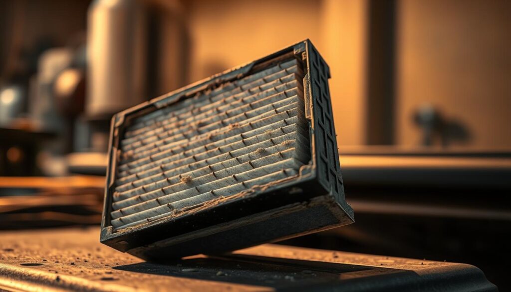 a highly detailed, photorealistic image of a dirty car cabin air filter, sitting on a mechanic's workbench illuminated by a warm, focused light. The filter is partially removed from its housing, revealing its dusty, clogged interior. The background is blurred, emphasizing the filter as the central focus. The image conveys the symptoms of a neglected cabin air filter, such as reduced airflow and diminished cabin air quality. The lighting and angle create a sense of importance, suggesting the need for prompt maintenance and replacement. The image should be suitable for illustrating the "Symptoms of a Dirty Cabin Air Filter" section of the article. a highly detailed, photorealistic image of a dirty car cabin air filter, sitting on a mechanic's workbench illuminated by a warm, focused light. The filter is partially removed from its housing, revealing its dusty, clogged interior. The background is blurred, emphasizing the filter as the central focus. The image conveys the symptoms of a neglected cabin air filter, such as reduced airflow and diminished cabin air quality. The lighting and angle create a sense of importance, suggesting the need for prompt maintenance and replacement. The image should be suitable for illustrating the "Symptoms of a Dirty Cabin Air Filter" section of the article.