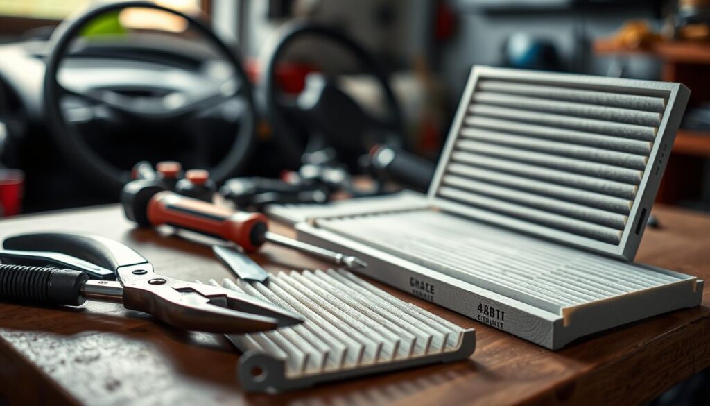 a well-lit workbench with an assortment of tools for replacing a car's cabin air filter, including a set of pliers, a screwdriver, a utility knife, and a car cabin air filter in the foreground, with a blurred automotive background to emphasize the tools, natural lighting from a window casting soft shadows, a clean and organized workspace conveying a sense of practicality and efficiency for the task at hand a well-lit workbench with an assortment of tools for replacing a car's cabin air filter, including a set of pliers, a screwdriver, a utility knife, and a car cabin air filter in the foreground, with a blurred automotive background to emphasize the tools, natural lighting from a window casting soft shadows, a clean and organized workspace conveying a sense of practicality and efficiency for the task at hand